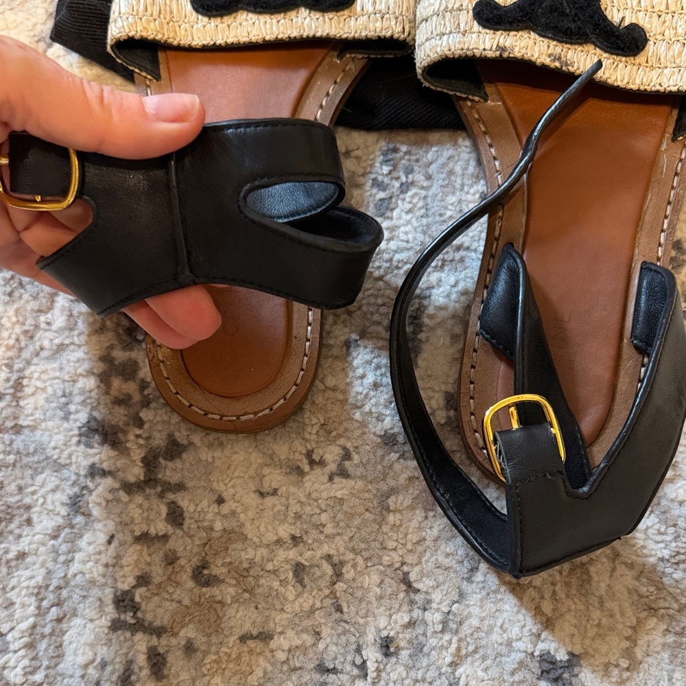 Celine Black Leather & Natural Raffia Slide Sandals - Picture 4 of 4